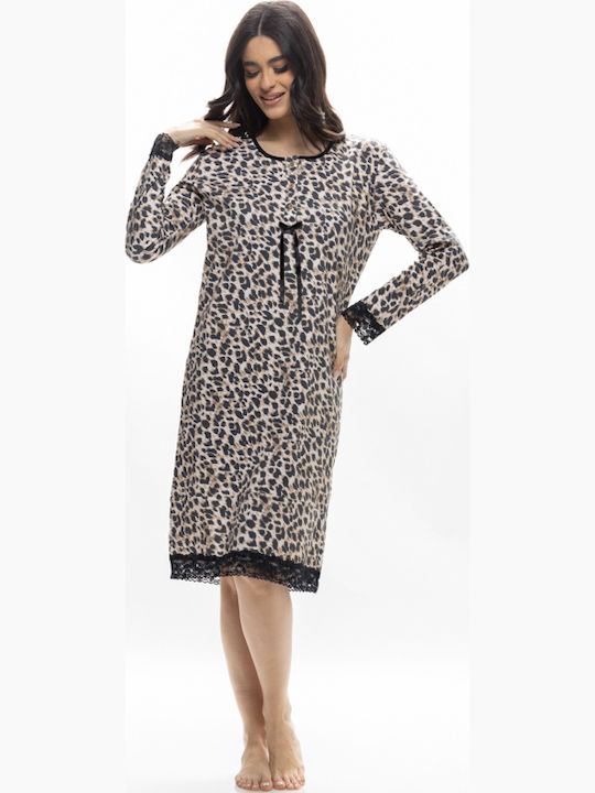 Galaxy Χειμερινό Βαμβακερό Γυναικείο Νυχτικό Animal Print