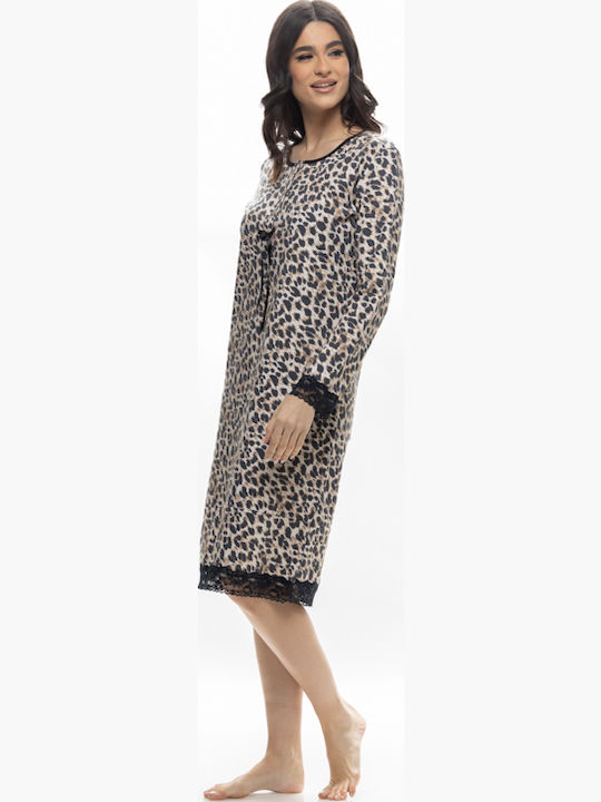 Galaxy Χειμερινό Βαμβακερό Γυναικείο Νυχτικό Animal Print