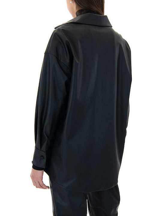 Mânecă lungă Femei Piele Cămașă Black (Black)