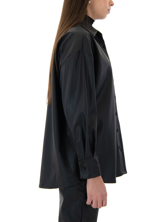 Mânecă lungă Femei Piele Cămașă Black (Black)