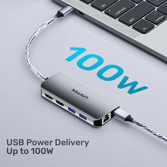 Unitek USB-C Docking Station with HDMI 4K PD Ethernet and Support for 2 Monitors Silver