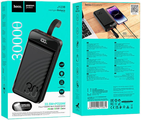Hoco J123B Соларна Външна Батерия 30000mAh 20W с 3 USB-A Изходни Порта и USB-C Изходен Порт Захранване с Висока Мощност Бързо Зареждане Черна