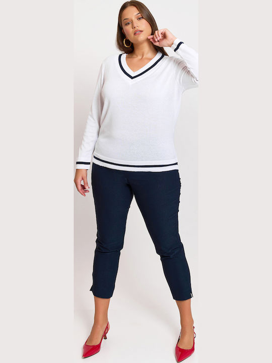Women's Long Sleeve Sweater Cotton with V Neckline White