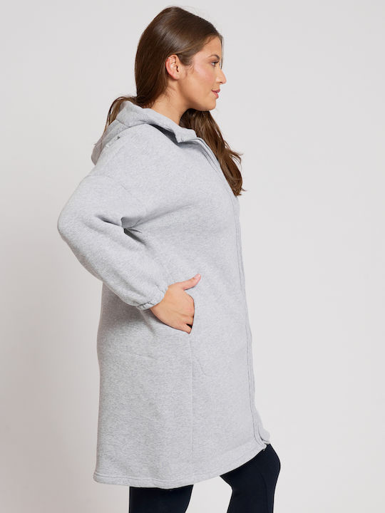 Μακριά Fleece Γυναικεία Ζακέτα με Φερμουάρ Γκρι