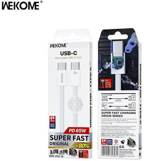 WK USB 2.0 Cable USB-C male - USB-C 65W PD Λευκό 1m WDC-21C