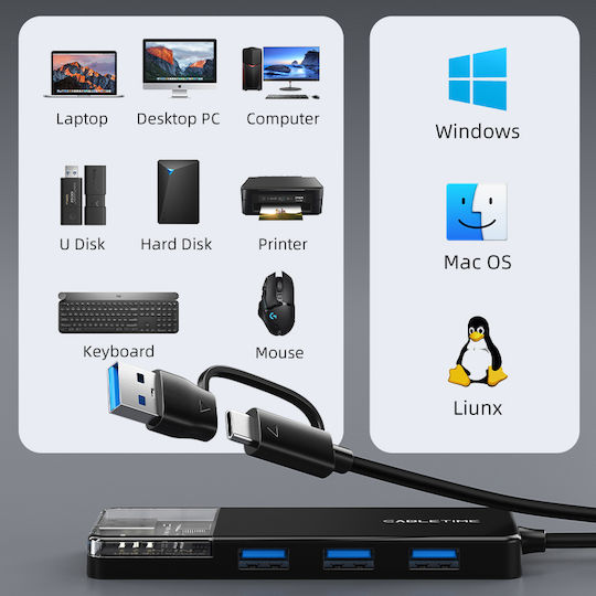 Cabletime USB-Hub Mit 4 Anschlüssen USB 3.2 Mit USB-A / USB-C