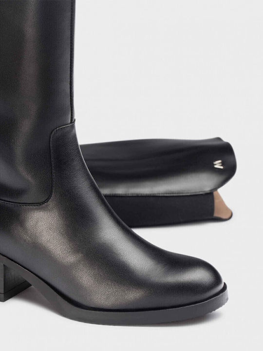 Leather Medium Heel Women's Boots Black