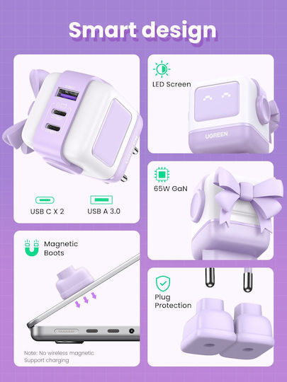Ugreen Charger Without Cable GaN with USB-A Port and 2 USB-C Ports 65W Power Delivery / Quick Charge 4.0 Purple (Robot)