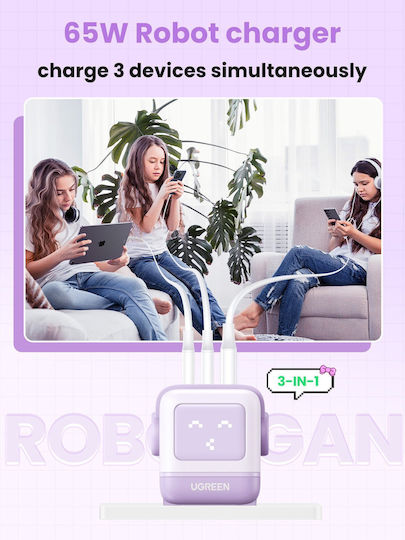 Ugreen Charger Without Cable GaN with USB-A Port and 2 USB-C Ports 65W Power Delivery / Quick Charge 4.0 Purple (Robot)