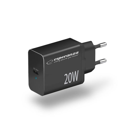 Esperanza Charger Without Cable with USB-C Port 20W Power Delivery Blacks (EZC104K)