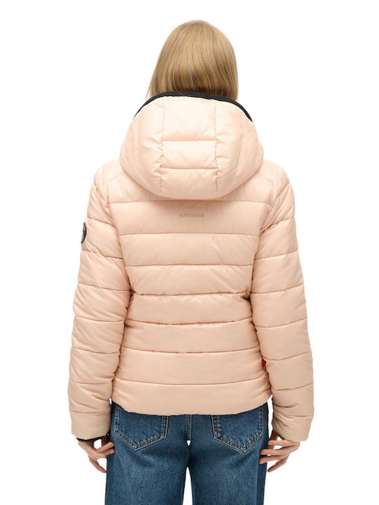 Superdry Women's Short Puffer Jacket for Winter with Hood Beige