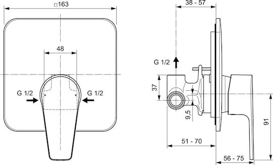 Смесител Ideal Standard Cerafine D A7188 Вграден душ комплект Вътрешна + Външна част 47 мм керамичен клик затваряне Метална дръжка Индикация за топла и студена вода