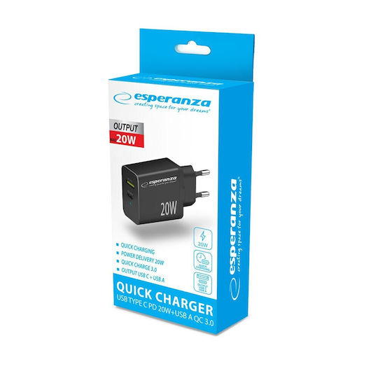 Esperanza Charger Without Cable with USB-A Port and USB-C Port 20W Quick Charge 3.0 Blacks (EZC105K)