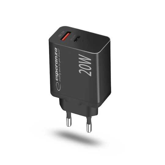 Esperanza Charger Without Cable with USB-A Port and USB-C Port 20W Quick Charge 3.0 Blacks (EZC105K)