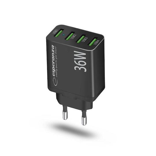 Esperanza Charger Without Cable with 4 USB-A Ports 36W Quick Charge 3.0 Blacks (EZC107K)