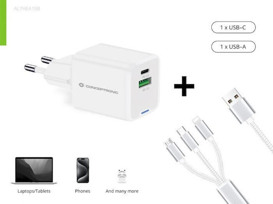 Conceptronic Charger with USB-A Port and USB-C Port 33W Power Delivery / Quick Charge 2.0 Whites (ALTHEA16W)