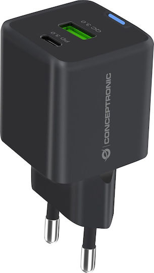 Conceptronic Φορτιστής με Θύρα USB-A και Θύρα USB-C 33W Power Delivery / Quick Charge 2.0 Μαύρος (ALTHEA16B)