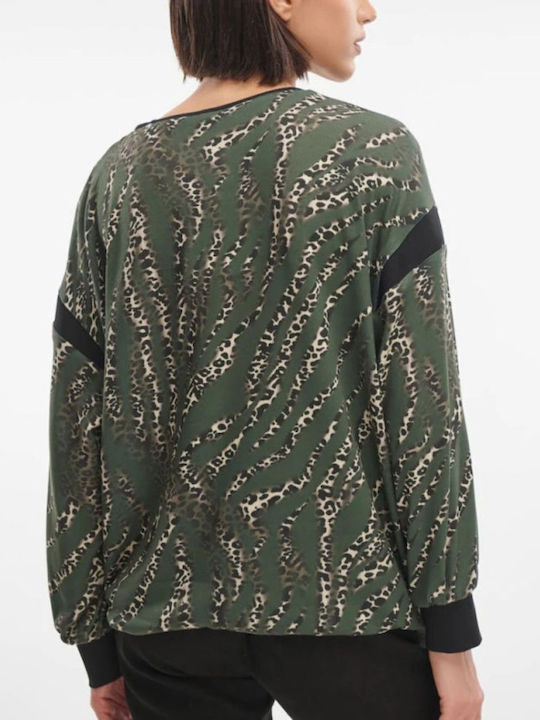 Women's Blouse Long Sleeve Animal Print Olive