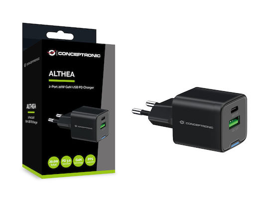 Conceptronic Încărcător Fără Cablu cu Port USB-A și Port USB-C 20W Livrarea energiei / Quick Charge 3.0 / Quick Charge 2.0 Negruς (ALTHEA15B)