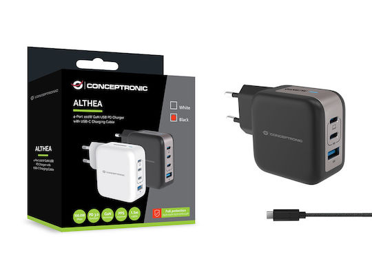 Conceptronic Φορτιστής GaN με Θύρα USB-A και 3 Θύρες USB-C και Καλώδιο USB-C - USB-C 100W Power Delivery / Quick Charge 3.0 Μαύρος (ALTHEA18B)