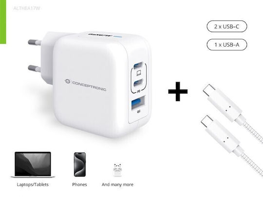Conceptronic Φορτιστής GaN με Θύρα USB-A και 2 Θύρες USB-C και Καλώδιο USB-C - USB-C 67W Power Delivery Λευκός (ALTHEA17W)