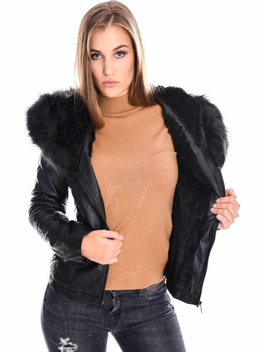 Women's Short Lifestyle Jacket for Winter with Hood Black