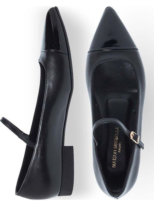 Leather Pointy Ballerinas With strap Black