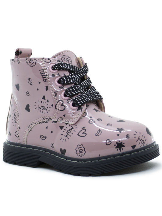 Oscal Kids Patent Leather Military Boots Pink