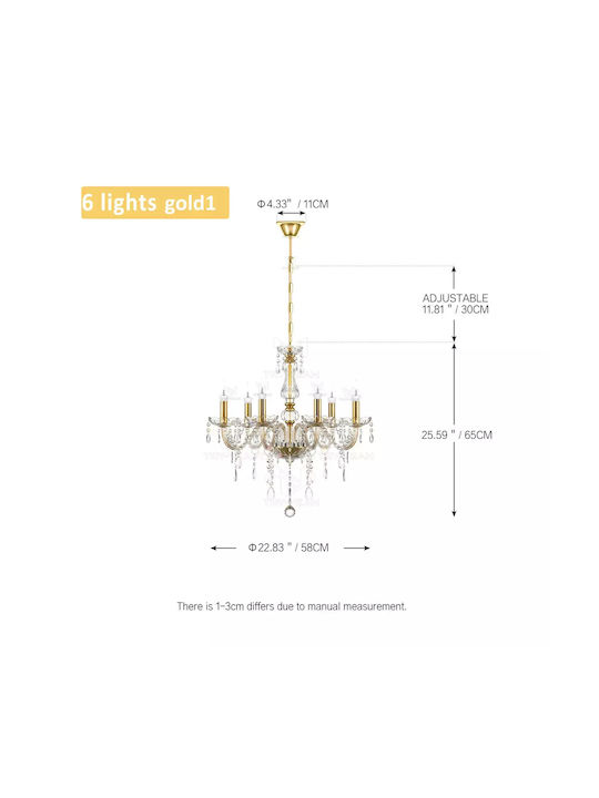 Chandelier Six-light Design Adjustable Height Elegant Chandelier with Crystals Gold 11cm