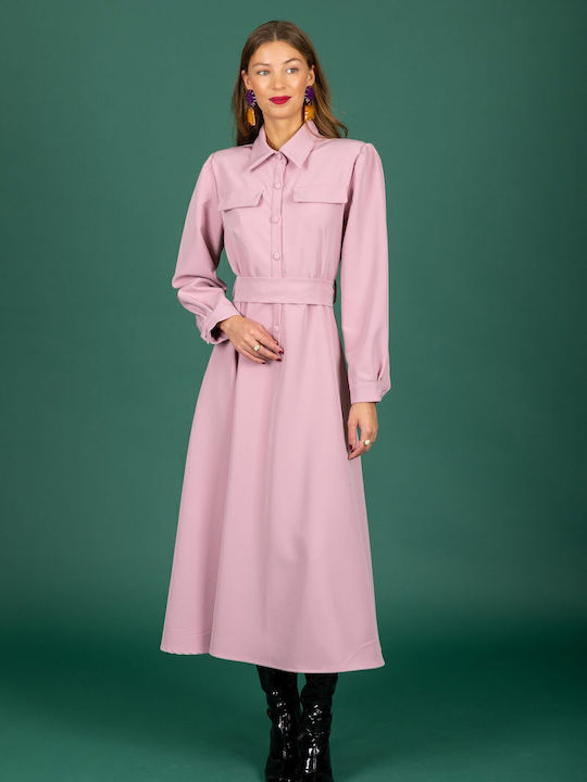 Midi Σεμιζιέ Φόρεμα Μακρυμάνικο Pink