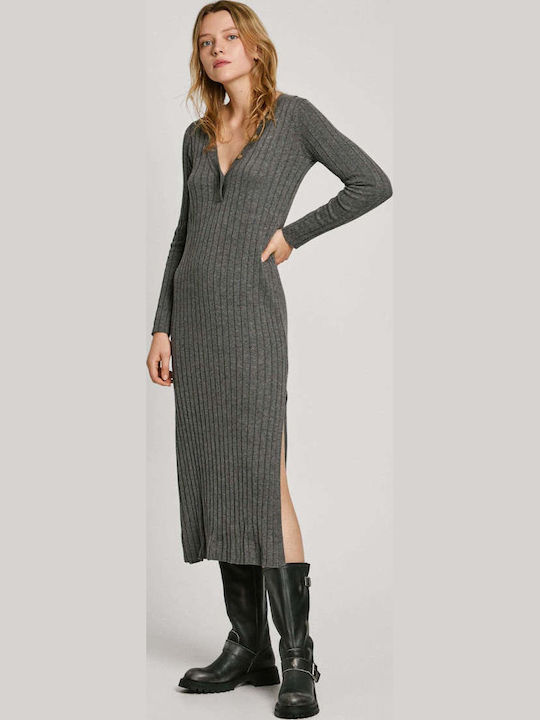 Midi Seersucker Dress Knitted Grey