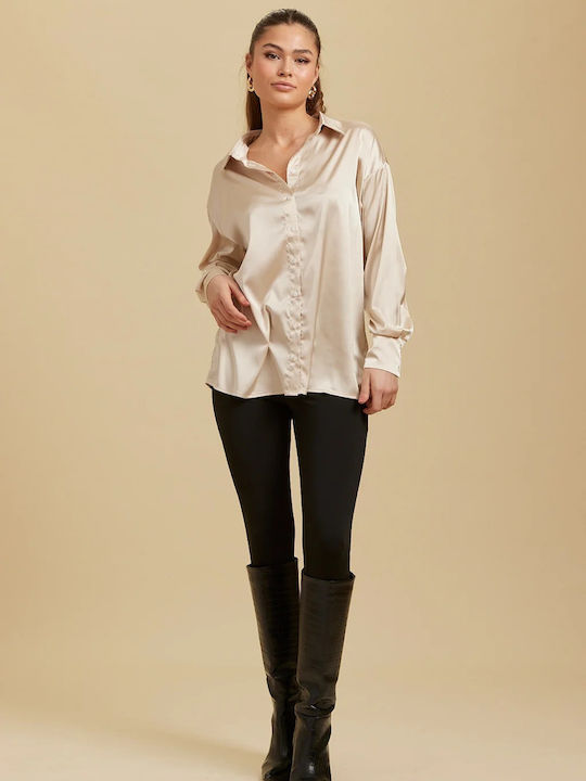 Rut & Circle Women's Satin Long Sleeve Shirt Champagne