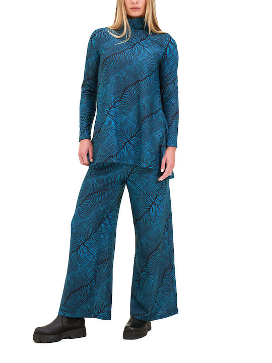 Namaste Women's Fabric Trousers with Elastic in Wide Line Black-blue, Petrol