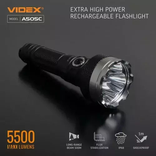 Videx Επαναφορτιζόμενος Φακός LED IP68 με Μέγιστη Φωτεινότητα 5500lm