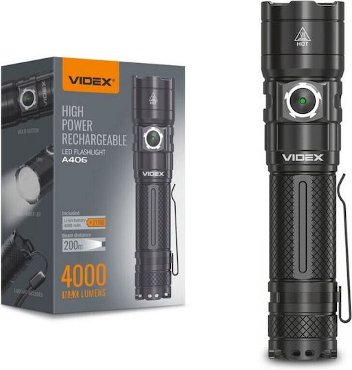 Videx Επαναφορτιζόμενος Φακός LED IP68 με Μέγιστη Φωτεινότητα 4000lm