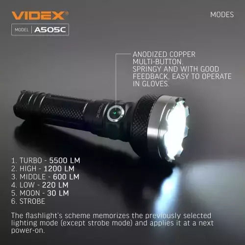 Videx Επαναφορτιζόμενος Φακός LED IP68 με Μέγιστη Φωτεινότητα 5500lm