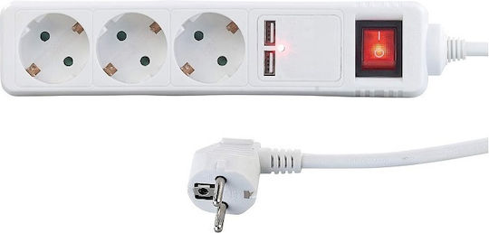 Power Strip 3 Positions with 2 USB-A, Switch and Cable 1.5m