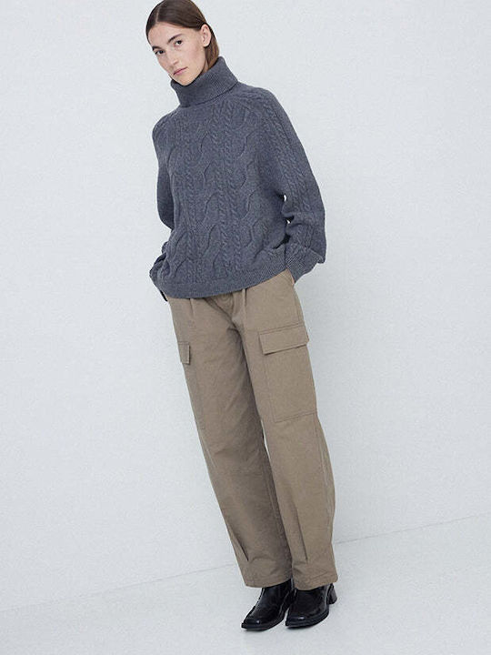Women's Fabric Cargo Trousers Regular Fit Khaki
