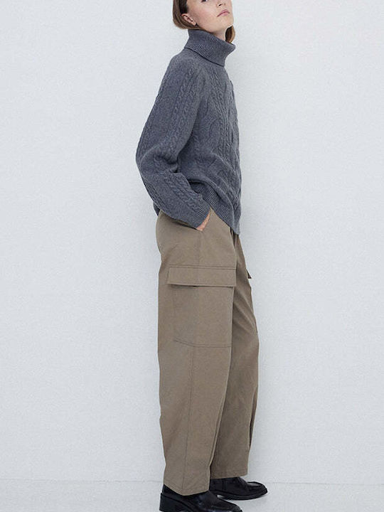 Women's Fabric Cargo Trousers Regular Fit Khaki