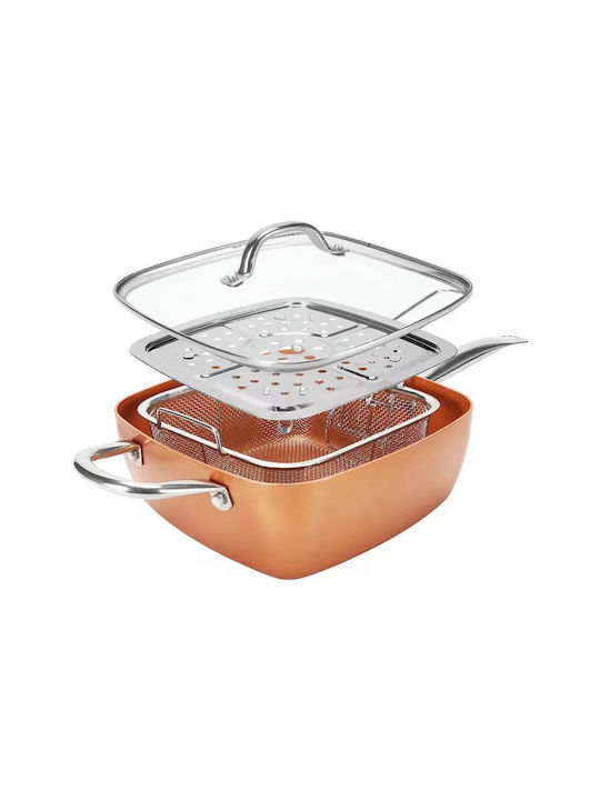 Tigaie pătrată multifuncțională cu capac, grătar pentru prăjit, tavă pentru aburi 24x24x9.5cm Mahon