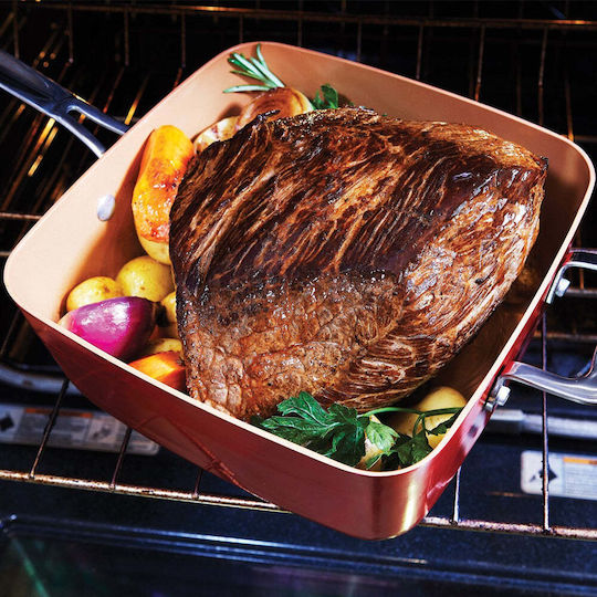 Multifunctional Square Pan with Lid Frying Rack Steaming Tray 24x24x9.5cm Mahogany