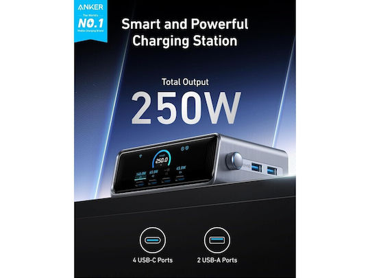 Anker Βάση Φόρτισης GaN με 2 Θύρες USB-A και 4 Θύρες USB-C 250W Power Delivery σε Γκρι χρώμα (Prime)