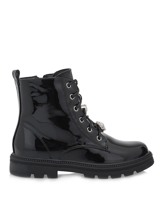 Renato Garini Kids PU Leather Military Boots with Zipper Black