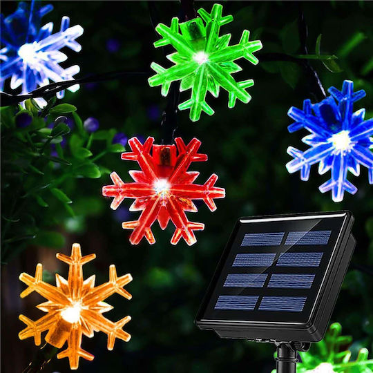 Instalație Solară 50 Fulgi de Nea Led Cristal Alb Galben Multicolor Lumină 7m Lungime