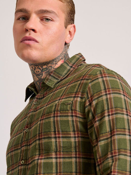 Long-sleeved Flannel Shirt Checked Khaki