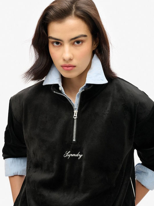 Long Women's Sweatshirt Velvet Hooded Black