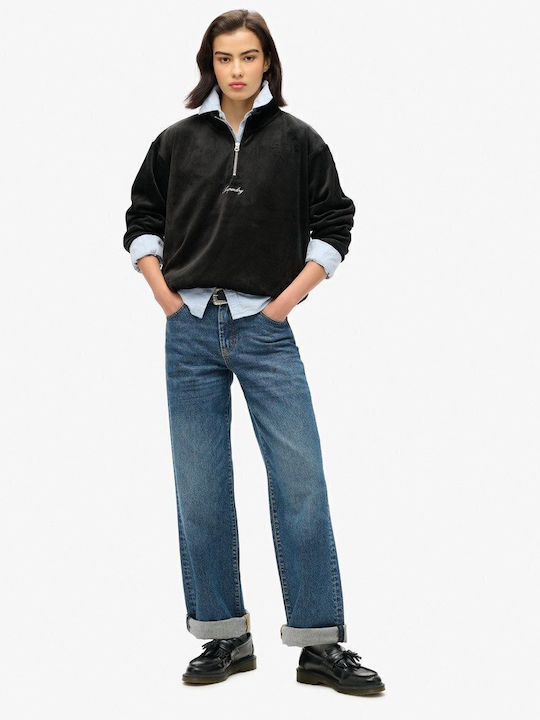 Long Women's Sweatshirt Velvet Hooded Black