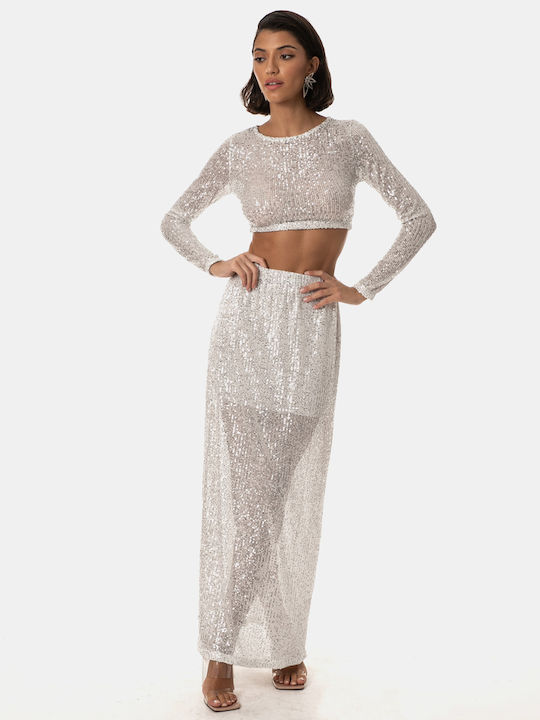 High-Waisted Sequin Skirt Silver