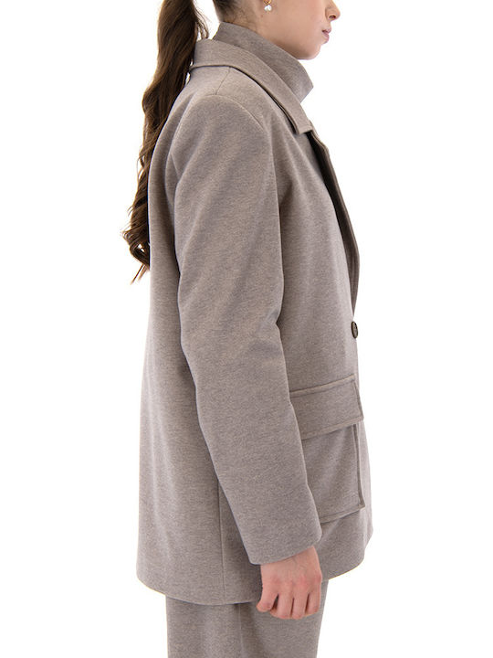 Moutaki Μακρύ Γυναικείο Σταυρωτό Σακάκι Light Grey