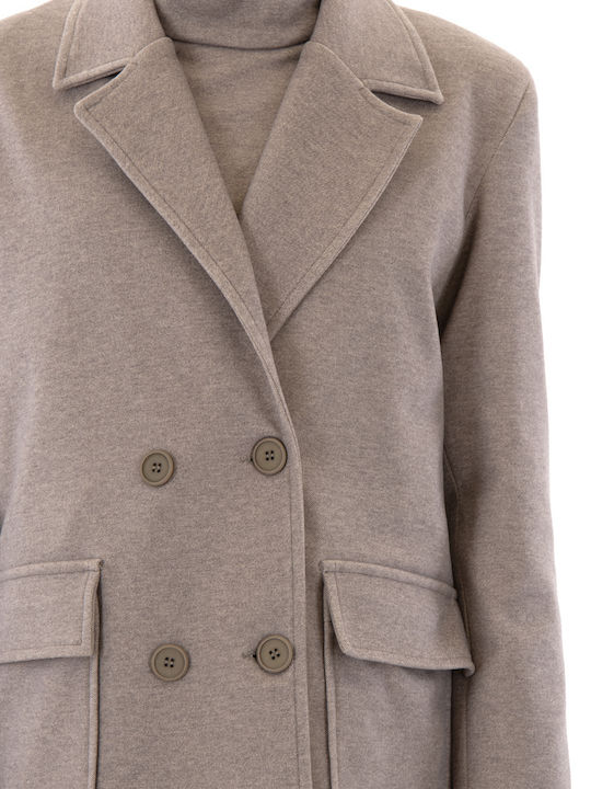 Moutaki Μακρύ Γυναικείο Σταυρωτό Σακάκι Light Grey